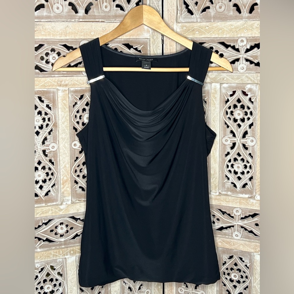 WHBM Black Draped Silver Accent Top Blouse Evening Casual Women’s Size Small